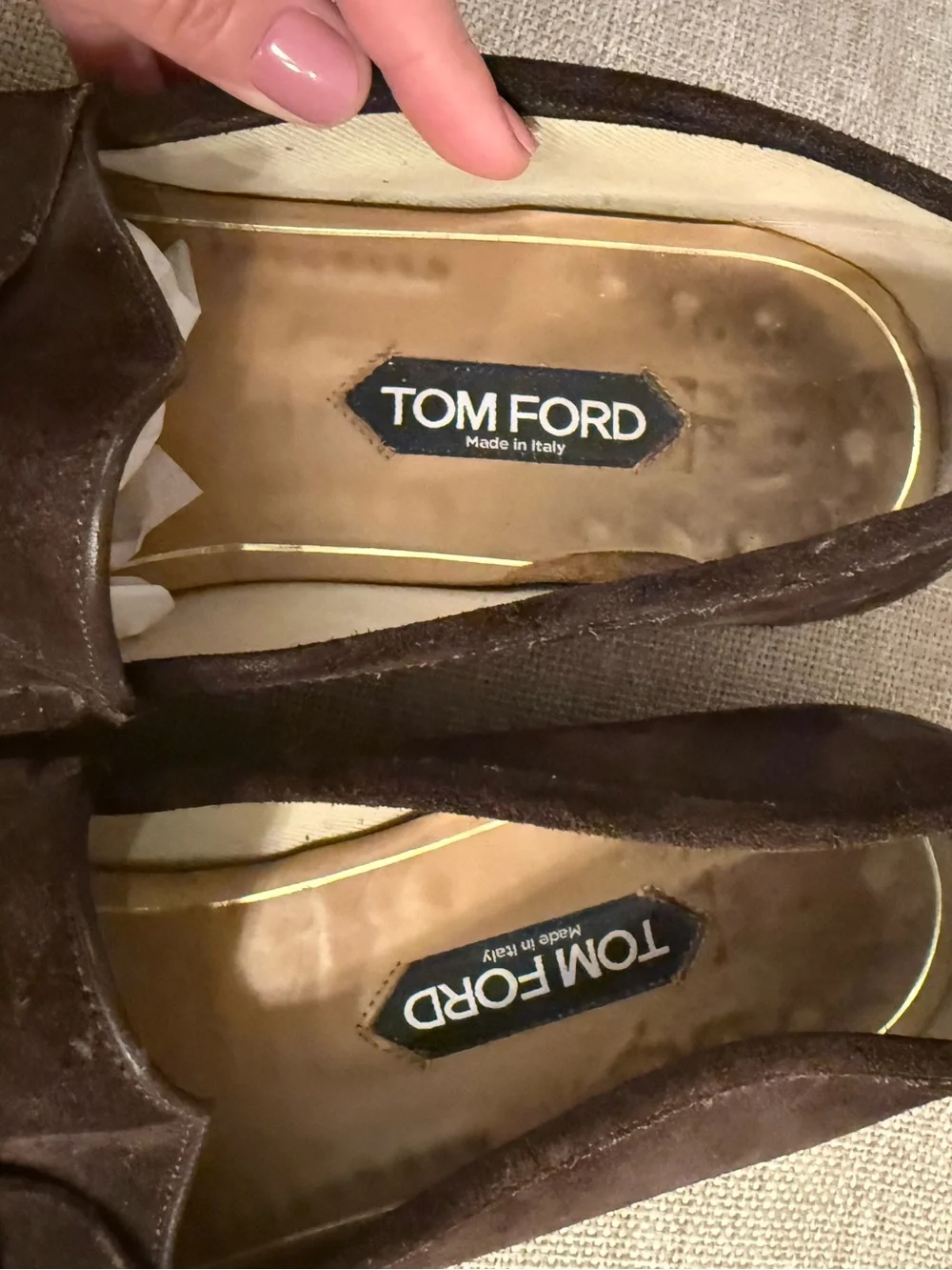 Tom Ford Dark Brown Suede Loafers with Gold Chain